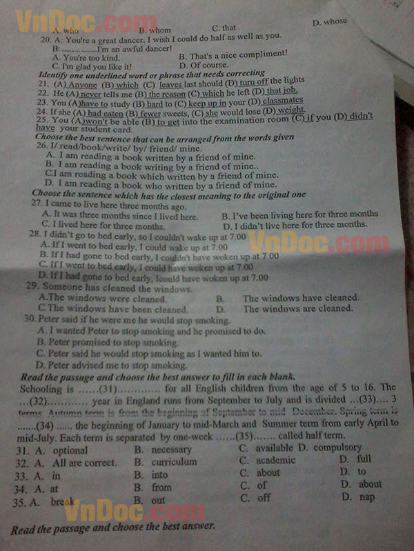 Đề kiểm tra học kỳ 1 môn tiếng Anh lớp 12