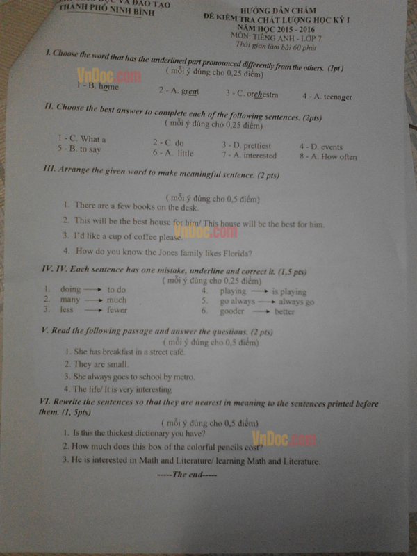 Đề thi học kỳ 1 môn tiếng Anh lớp 7 có đáp án Đề kiểm tra học kỳ 1 môn tiếng Anh lớp 7