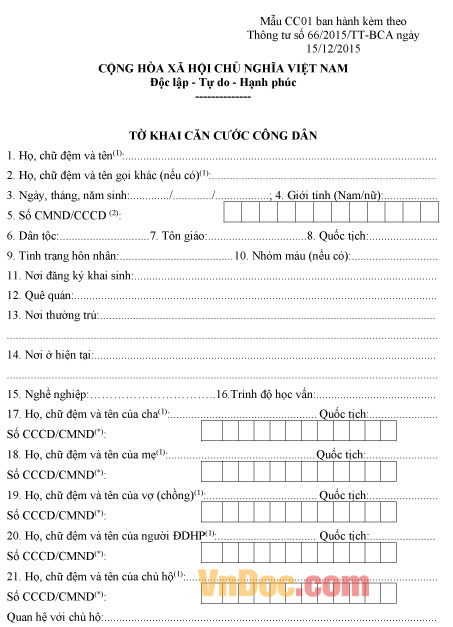 Tờ khai căn cước công dân Tờ khai căn cước công dân