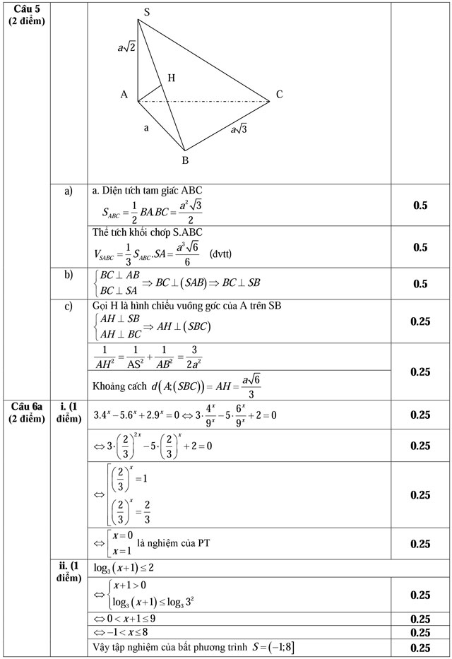 Đáp án đề kiểm tra học kì 1 môn Toán lớp 12