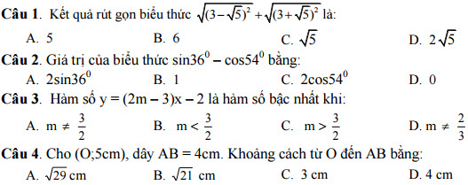 Đề kiểm tra học kì 1 môn Toán lớp 9 tỉnh Vĩnh Phúc năm 2015 - 2016