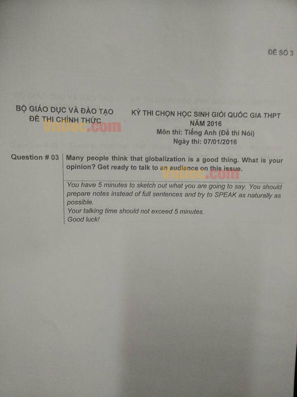 Đề thi chọn học sinh giỏi Quốc gia năm 2016 môn Tiếng Anh  