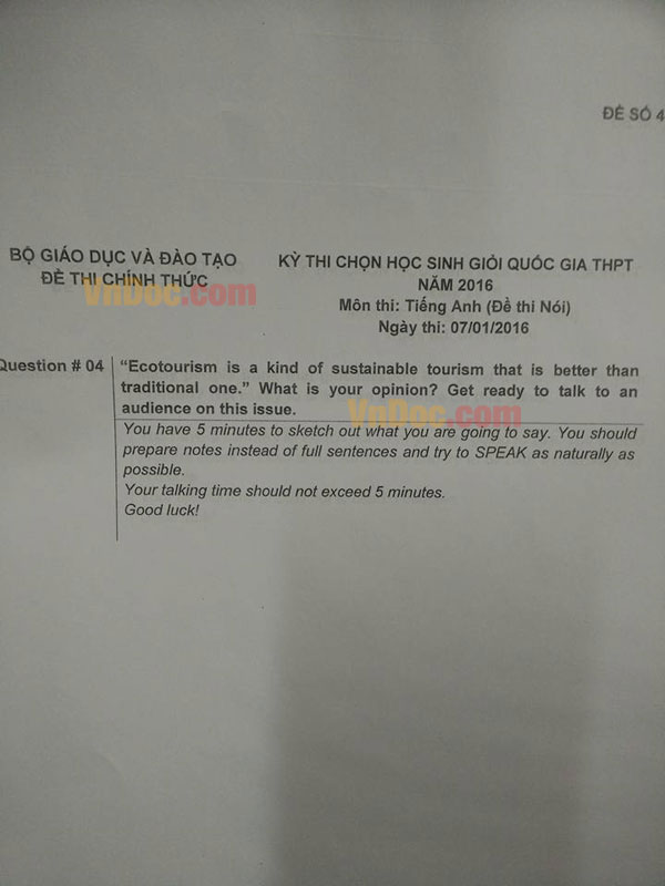 Đề thi chọn học sinh giỏi Quốc gia năm 2016 môn Tiếng Anh  