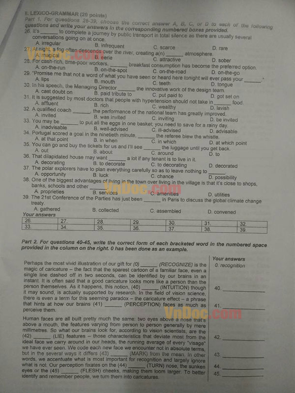 Đề thi chọn học sinh giỏi Quốc gia năm 2016 môn Tiếng Anh  