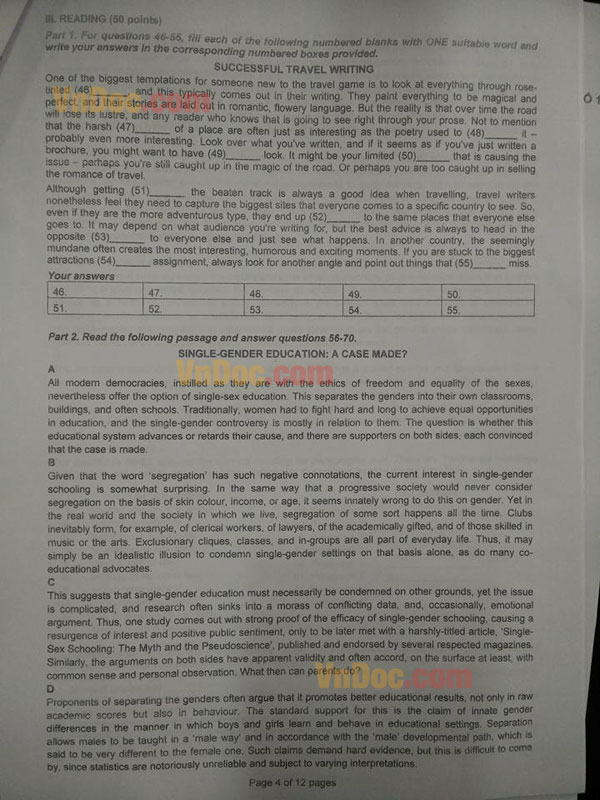 Đề thi chọn học sinh giỏi Quốc gia năm 2016 môn Tiếng Anh  