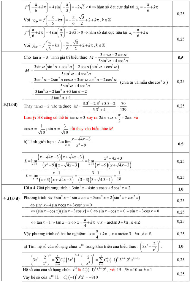Đáp án đề thi thử THPT Quốc gia 2016 môn Toán