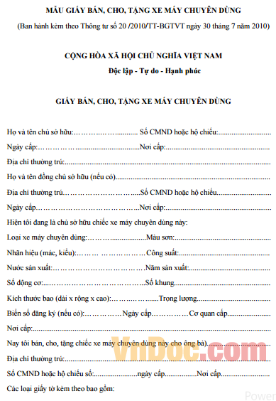 Mẫu giấy bán, cho, tặng xe mới nhất