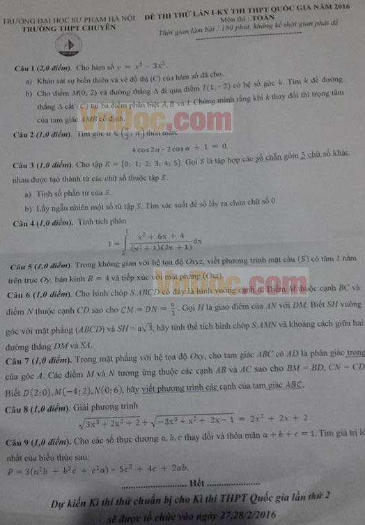 Đề thi thử THPT Quốc gia năm 2016 môn Toán trường THPT Chuyên Sư Phạm