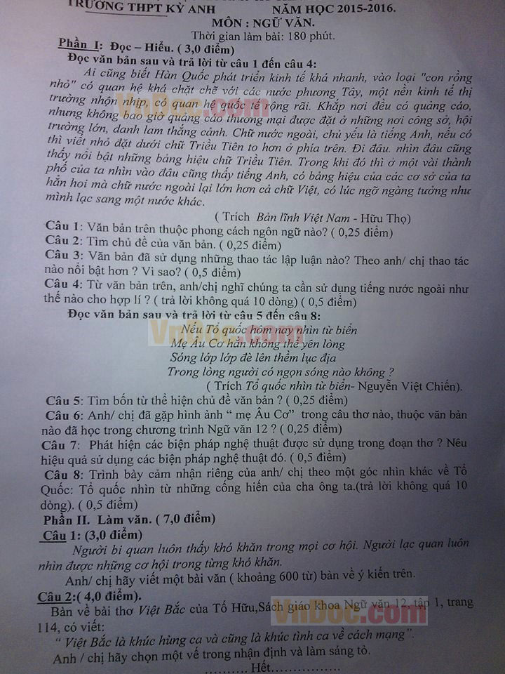 Đề thi thử THPT Quốc gia 2016 môn Văn