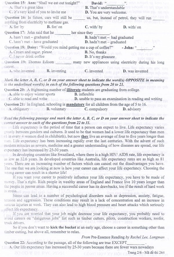 Đề thi thử Đại học môn Tiếng Anh năm 2016 có đáp án