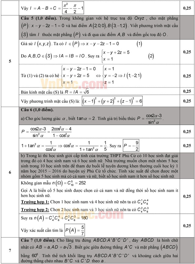 Đáp án đề thi thử THPT Quốc gia 2016 môn Toán
