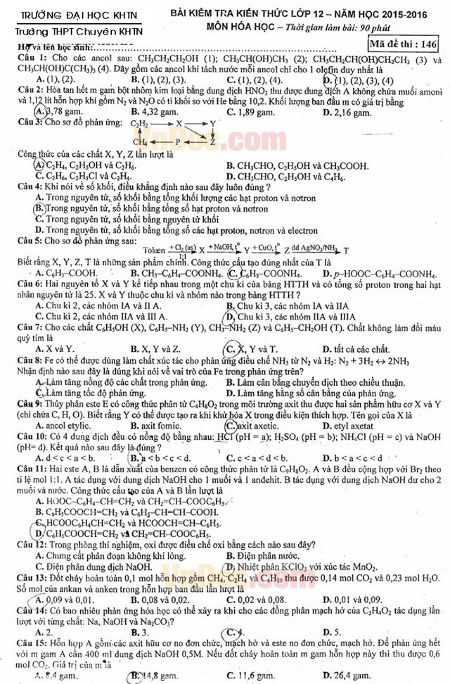Đề thi thử THPT Quốc gia môn Hóa học năm 2016 Đề thi thử THPT Quốc gia môn Hóa học năm 2016