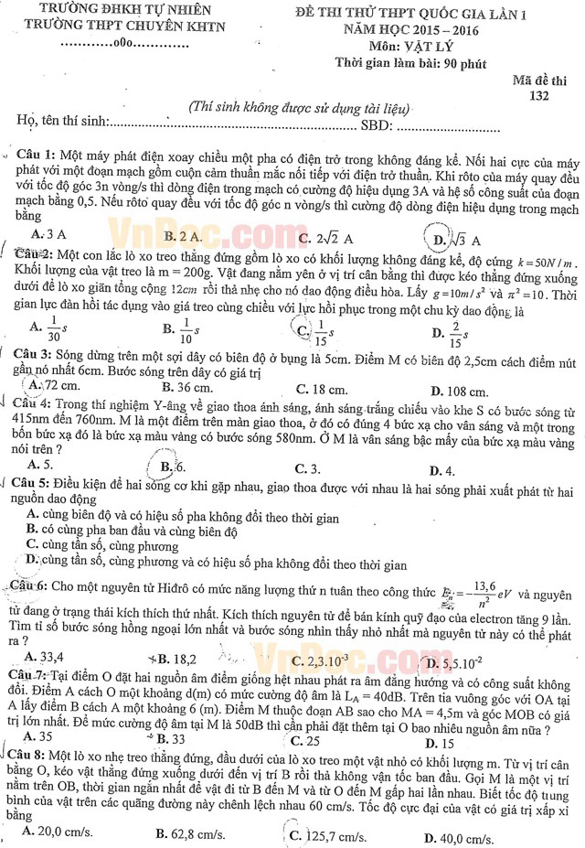 Đề thi thử THPT Quốc gia môn Vật lý năm 2016