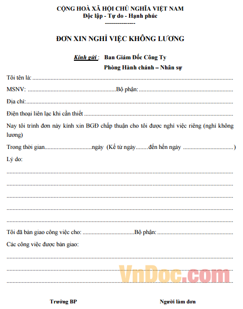 ĐƠN XIN NGHỈ VIỆC KHÔNG LƯƠNG