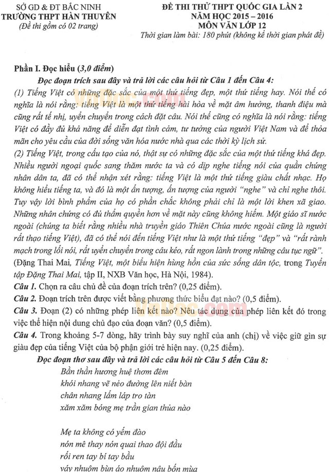 Đề thi thử THPT Quốc gia năm 2016 môn Ngữ văn