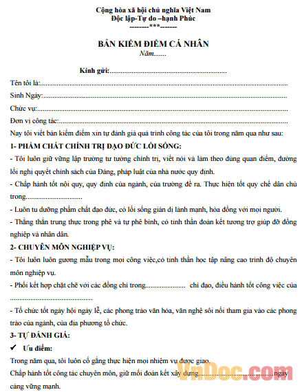 Mẫu bản kiểm điểm dành cho công chức 2016