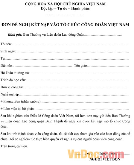 Mẫu đơn xin gia nhập tổ chức công đoàn Mẫu đơn xin gia nhập tổ chức công đoàn