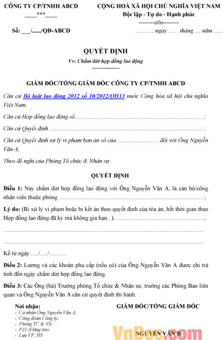 Quyết định chấm dứt hợp đồng lao động Quyết định chấm dứt hợp đồng lao động