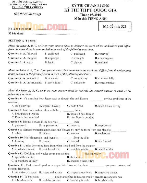 Đề thi thử THPT Quốc gia năm 2016 môn Tiếng Anh Đề thi thử Đại học năm 2016 môn Tiếng Anh