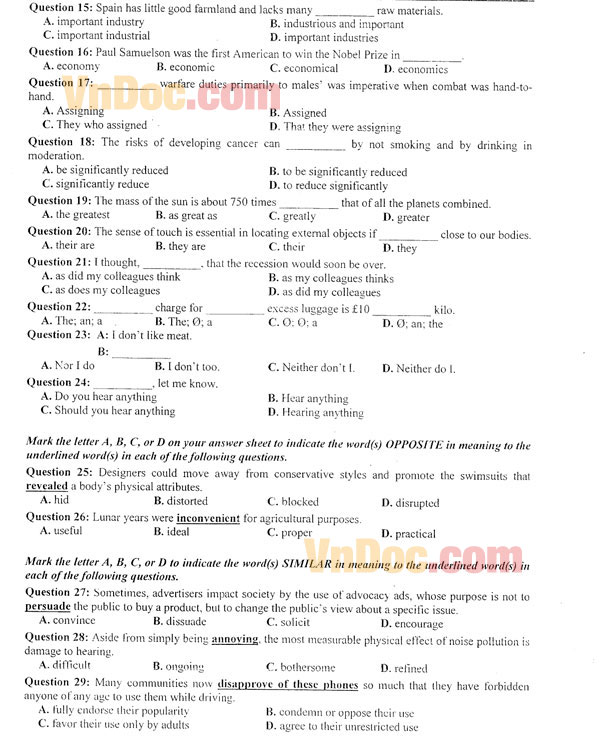 Đề thi thử THPT Quốc gia năm 2016 môn Tiếng Anh Đề thi thử Đại học năm 2016 môn Tiếng Anh
