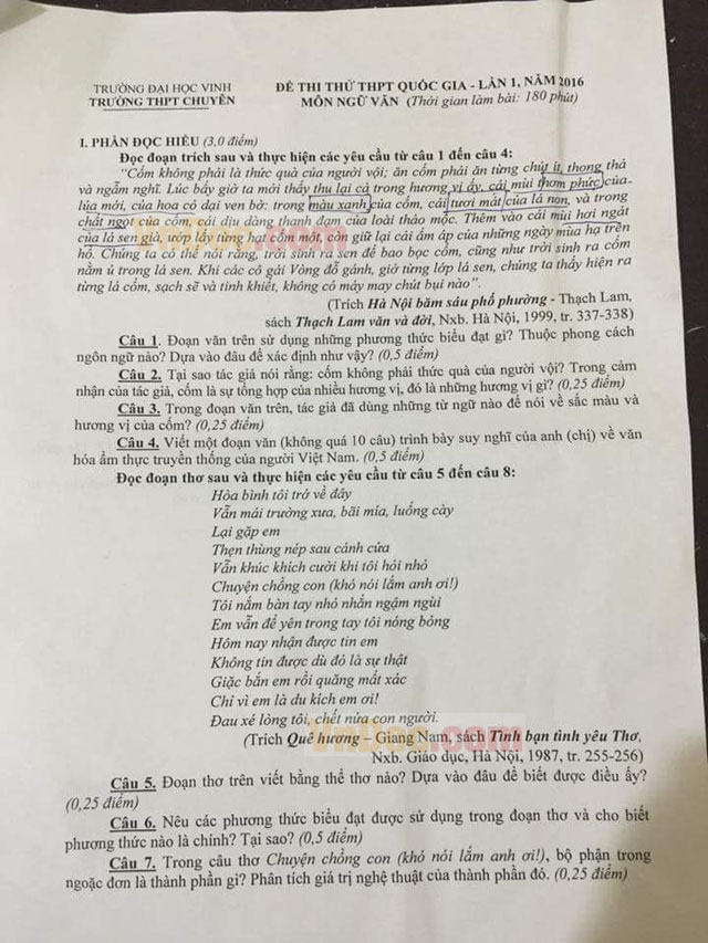 Đề thi thử THPT Quốc gia năm 2016 môn Ngữ văn trường THPT Chuyên Đại học Vinh (Lần 1)
