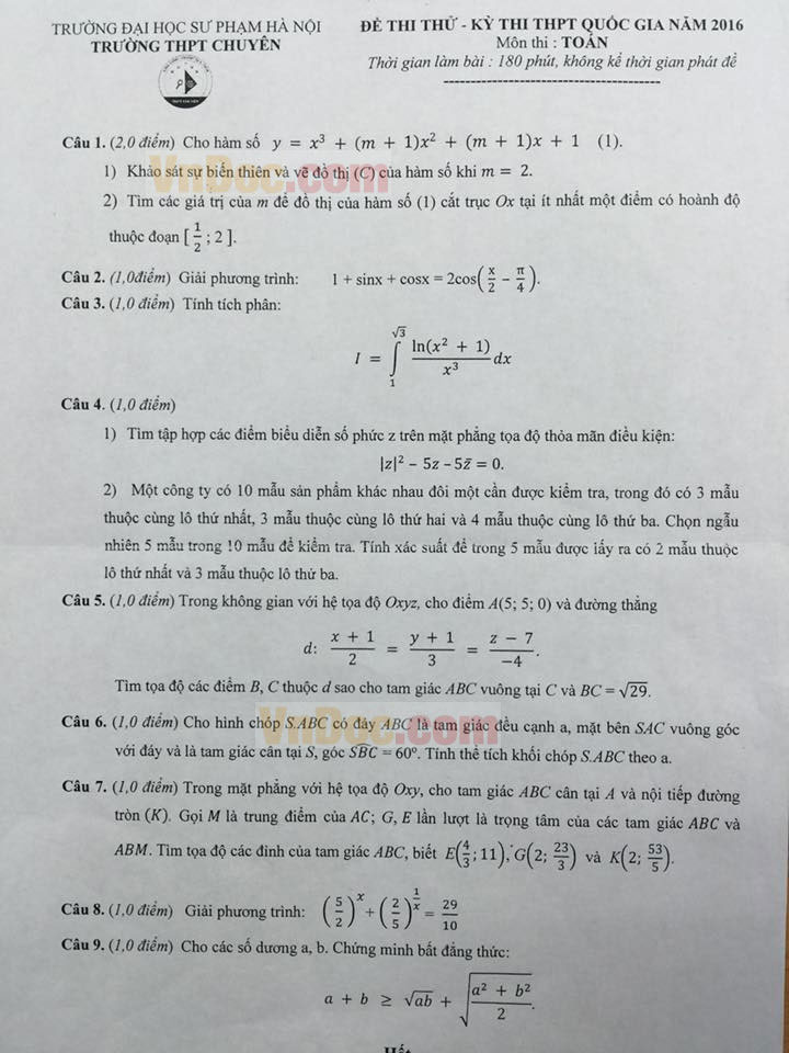 Đề thi thử THPT Quốc gia năm 2016 môn Toán trường THPT Chuyên Đại học sư phạm Hà Nội (Lần 2) Đề thi thử THPT Quốc gia 2016 môn Toán có đáp án