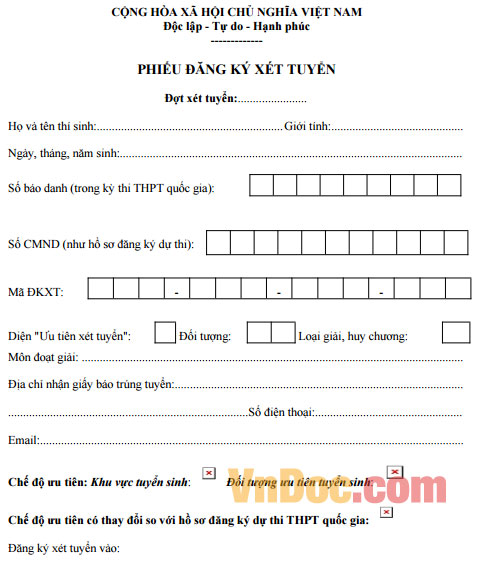 Phiếu Đăng ký xét tuyển Đại học, Cao đẳng 2016