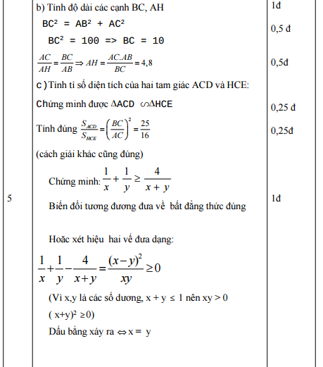 Đáp án đề thi học kì 2 môn Toán lớp 8