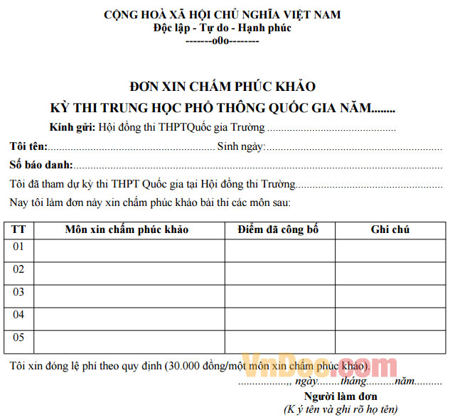 Đơn xin chấm phúc khảo kỳ thi Trung học phổ thông quốc gia năm 2016