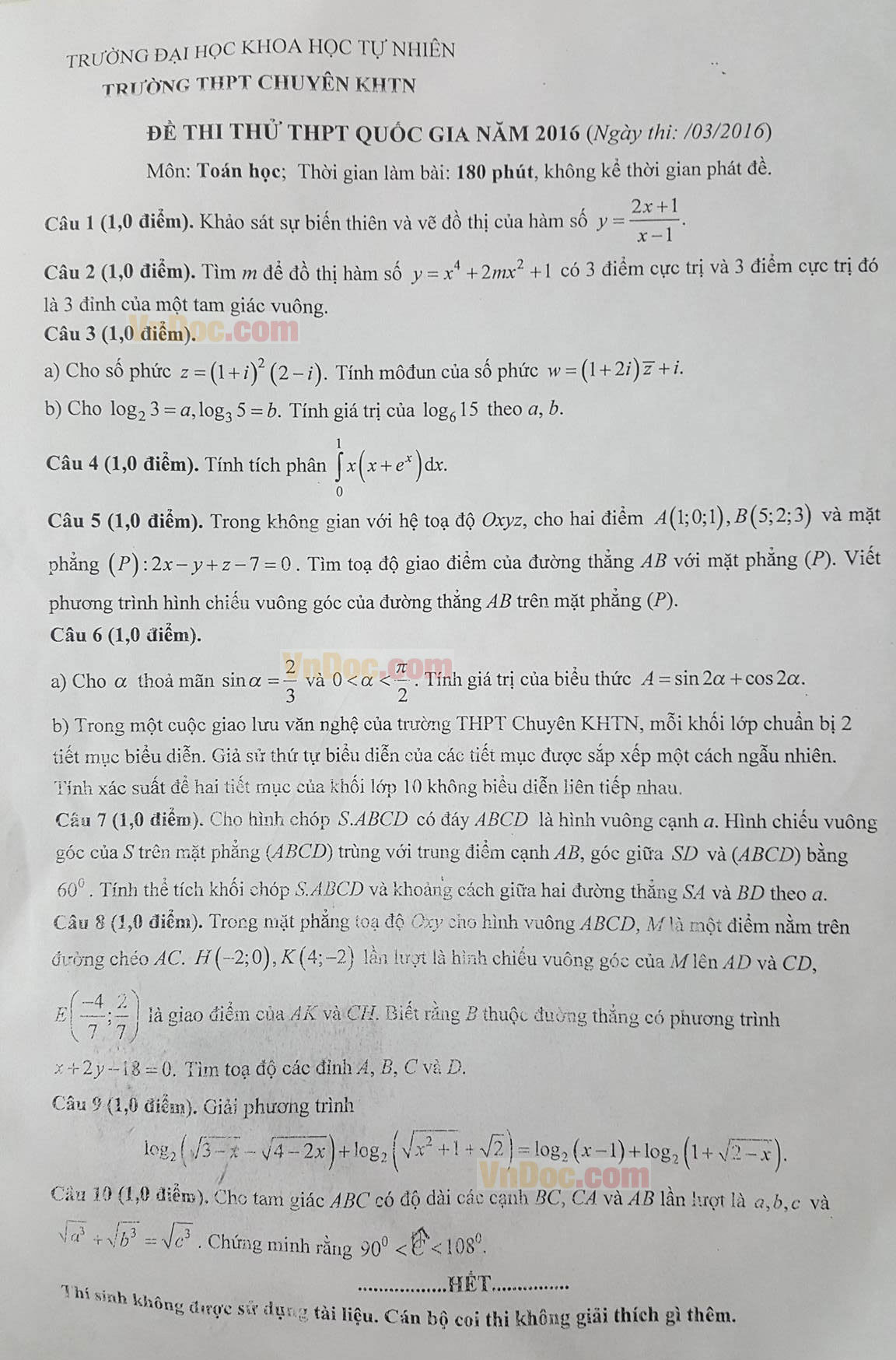 Đề thi thử THPT Quốc gia năm 2016 môn Toán Đề thi thử THPT Quốc gia năm 2016 môn Toán