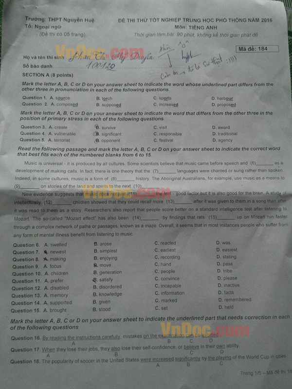 Đề thi thử Đại học năm 2016 môn Tiếng Anh