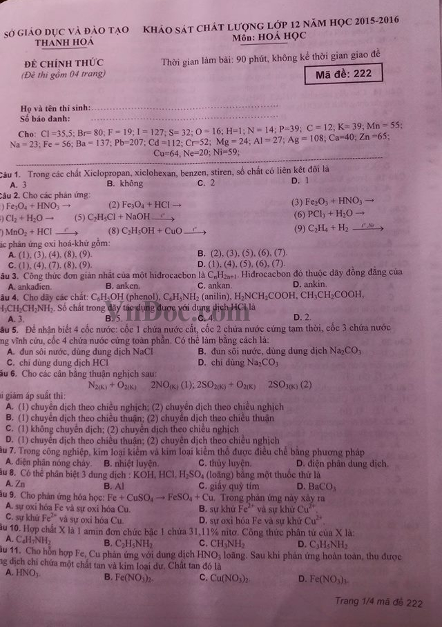 Đề thi thử THPT Quốc gia môn Hóa có đáp án