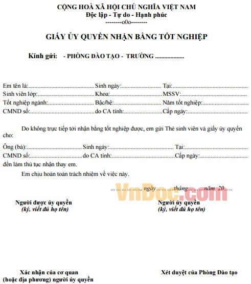Giấy ủy quyền nhận bằng tốt nghiệp