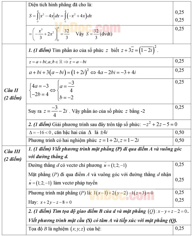 Đáp án đề thi học kì 2 môn Toán lớp 12