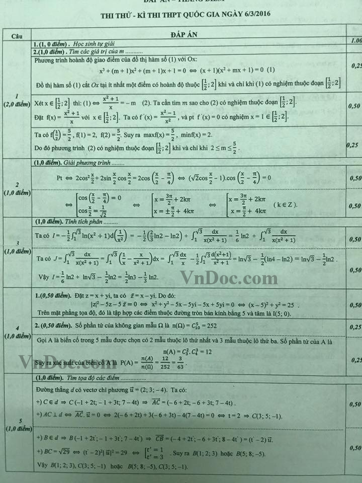 Đề thi thử THPT Quốc gia năm 2016 môn Toán trường THPT Chuyên Đại học sư phạm Hà Nội (Lần 2) Đáp án đề thi thử THPT Quốc gia năm 2016