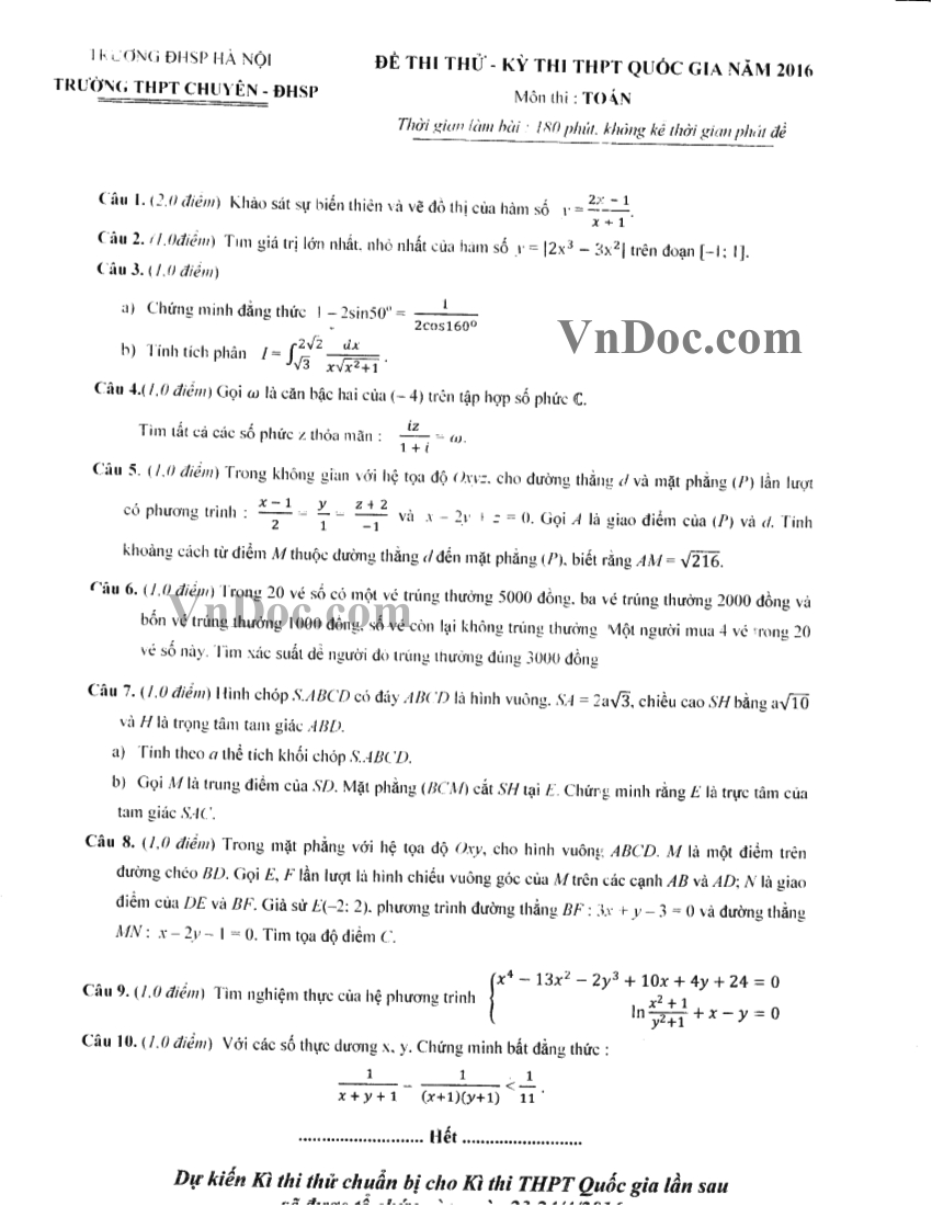 Đề thi thử THPT Quốc gia năm 2016 môn Toán trường THPT Chuyên Đại học Sư phạm Hà Nội (Lần 3) Đề thi thử THPT Quốc gia môn Toán trường Chuyên Sư phạm Hà Nội