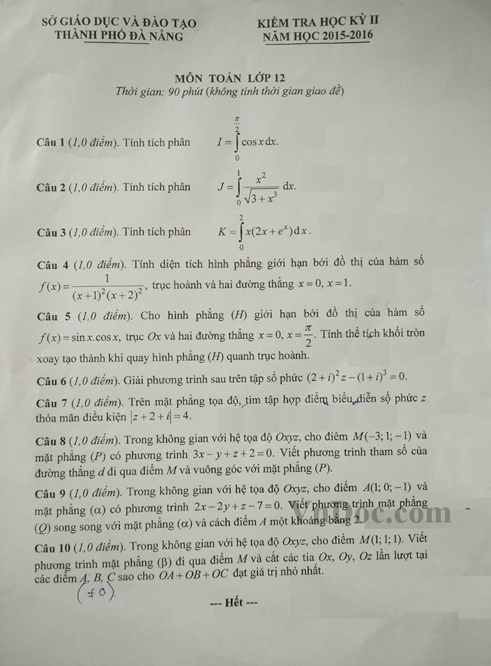 Đề kiểm tra học kì 2 môn Toán lớp 12