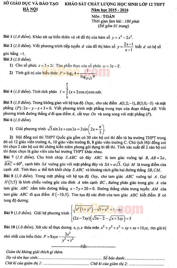 Đề thi thử THPT Quốc gia 2016 môn Toán Sở GD-ĐT Hà Nội