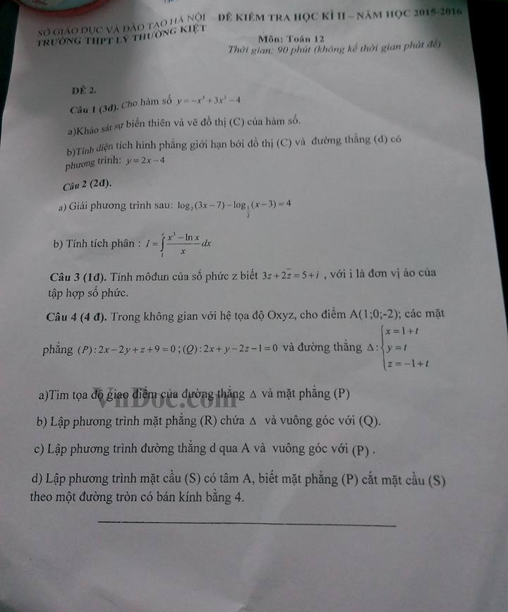 Đề thi học kì 2 môn Toán lớp 12 năm học 2015 - 2016 trường THPT Lý Thường Kiệt, Hà Nội Đề kiểm tra học kỳ II môn Toán lớp 12