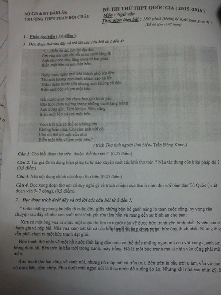 Đề thi học kì 2 môn Văn lớp 12