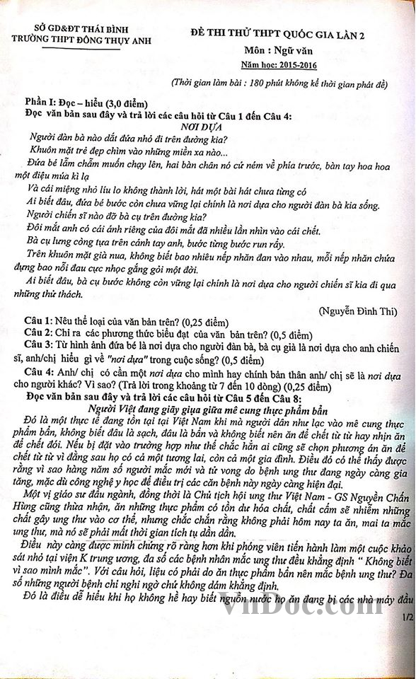 Đề thi thử THPT Quốc gia 2016 môn Văn