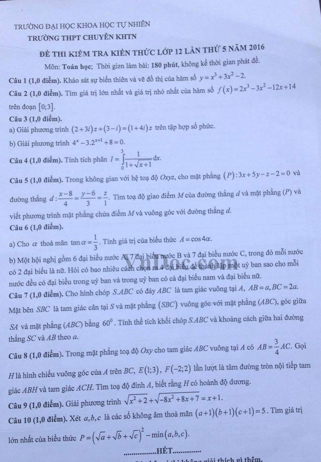 Đề thi thử THPT Quốc gia năm 2016 môn Toán trường THPT Chuyên Khoa học Tự nhiên, Hà Nội (Lần 5) Đề thi thử THPT Quốc gia 2016 môn Toán trường THPT Chuyên KHTN