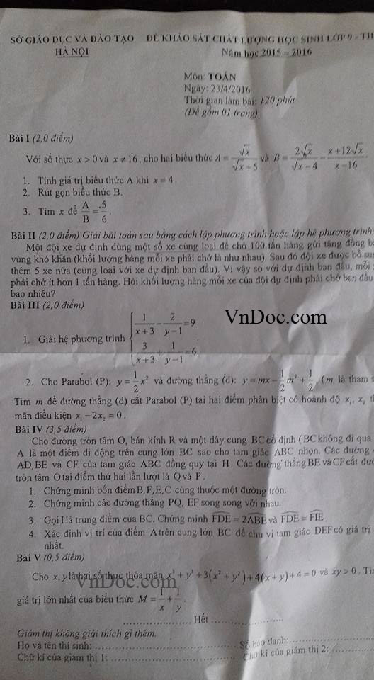 Đề thi thử vào lớp 10 môn Toán
