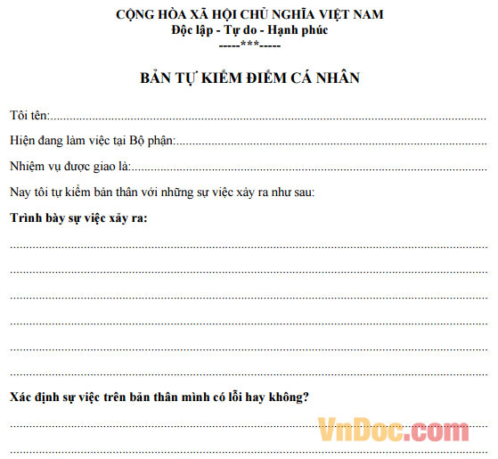Nội dung Bản tự kiểm điểm cá nhân