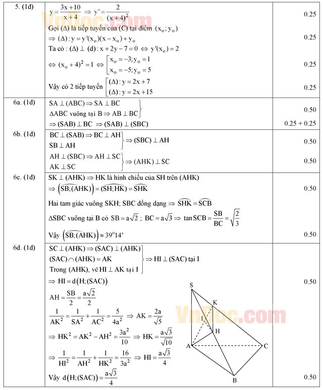 Đáp án đề thi học kì 2 môn Toán lớp 11 Đáp án đề thi học kì 2 môn Toán lớp 11
