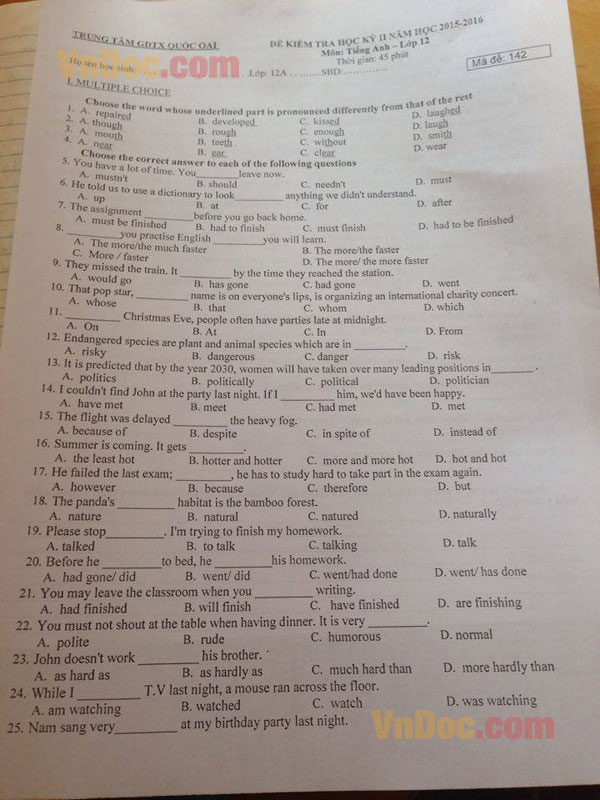 Đề thi học kỳ 2 môn Tiếng Anh lớp 12 năm 2016 Đề kiểm tra học kỳ 2 môn Tiếng Anh lớp 12 năm 2016