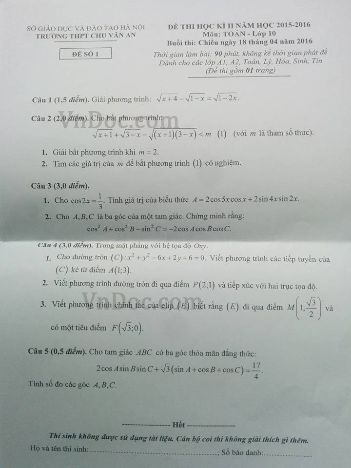 Đề thi học kỳ II môn Toán lớp 10 Đề thi học kỳ II môn Toán lớp 10