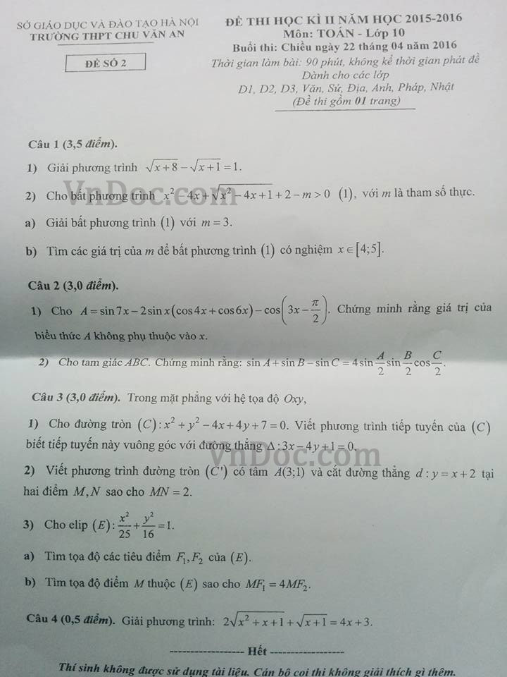 Đề thi học kỳ II môn Toán lớp 10 Đề thi học kỳ II môn Toán lớp 10