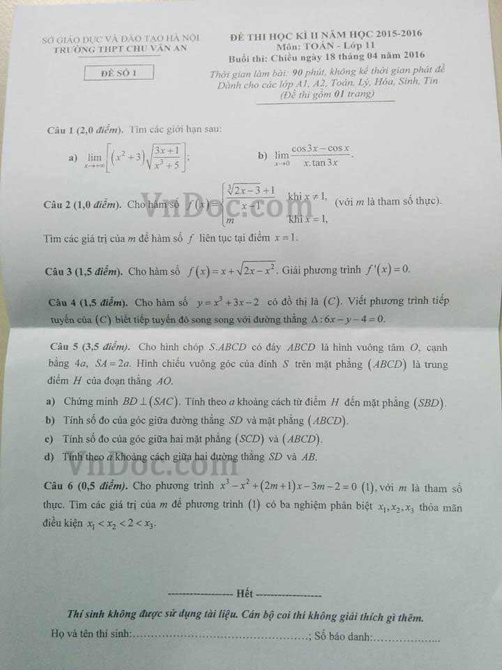 Đề thi học kì 2 môn Toán lớp 11 Đề thi học kì 2 môn Toán lớp 11