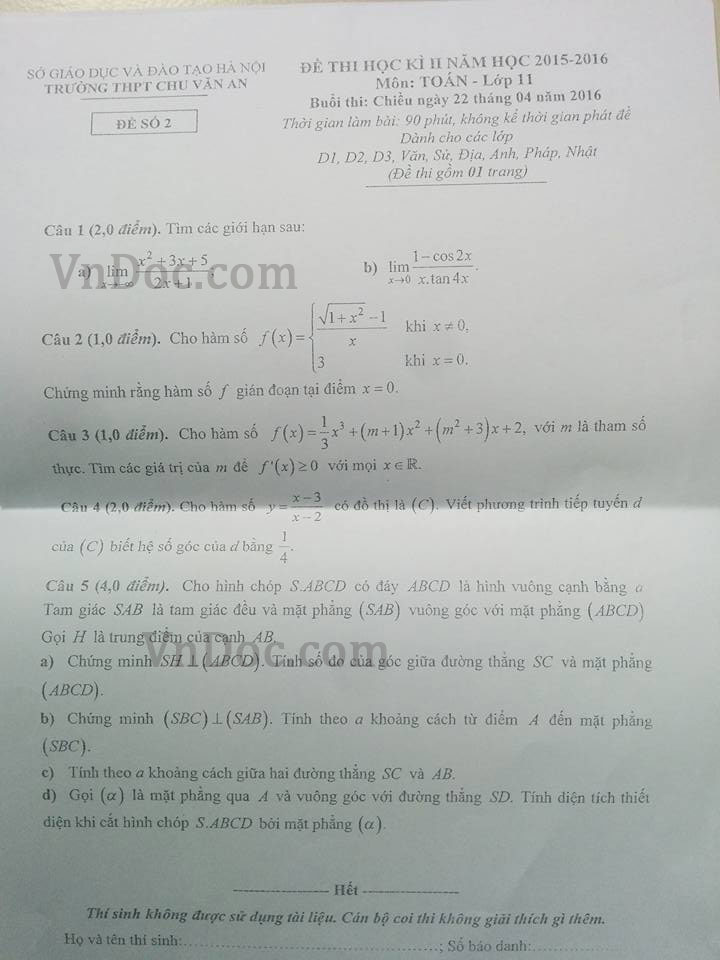 Đề thi học kì 2 môn Toán lớp 11 Đề thi học kì 2 môn Toán lớp 11